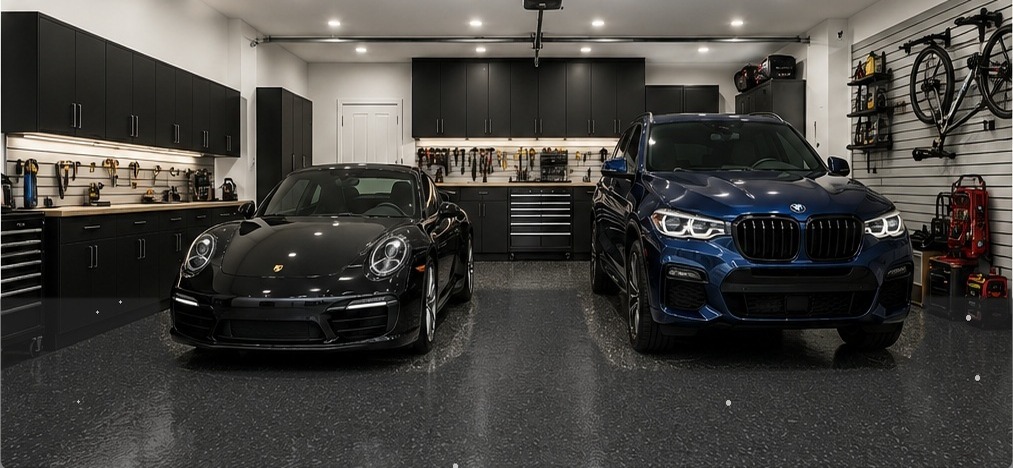 Finished garage with premium dark flake floor